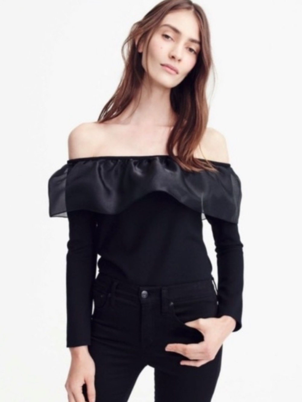 J. Crew Black Off-Shoulder Satin Trim Top